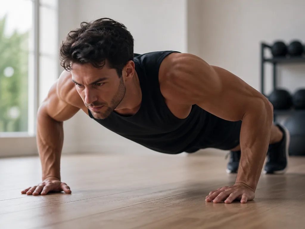 Person utför armhävningar på trägolv i ett ljust hem-gym med naturligt fönsterljus och synlig muskelspänning i armar och bröst