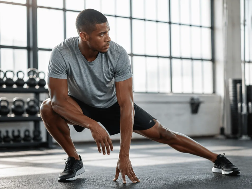 Idrottare utför dynamisk uppvärmning med stretchövningar i ett modernt, ljust gym