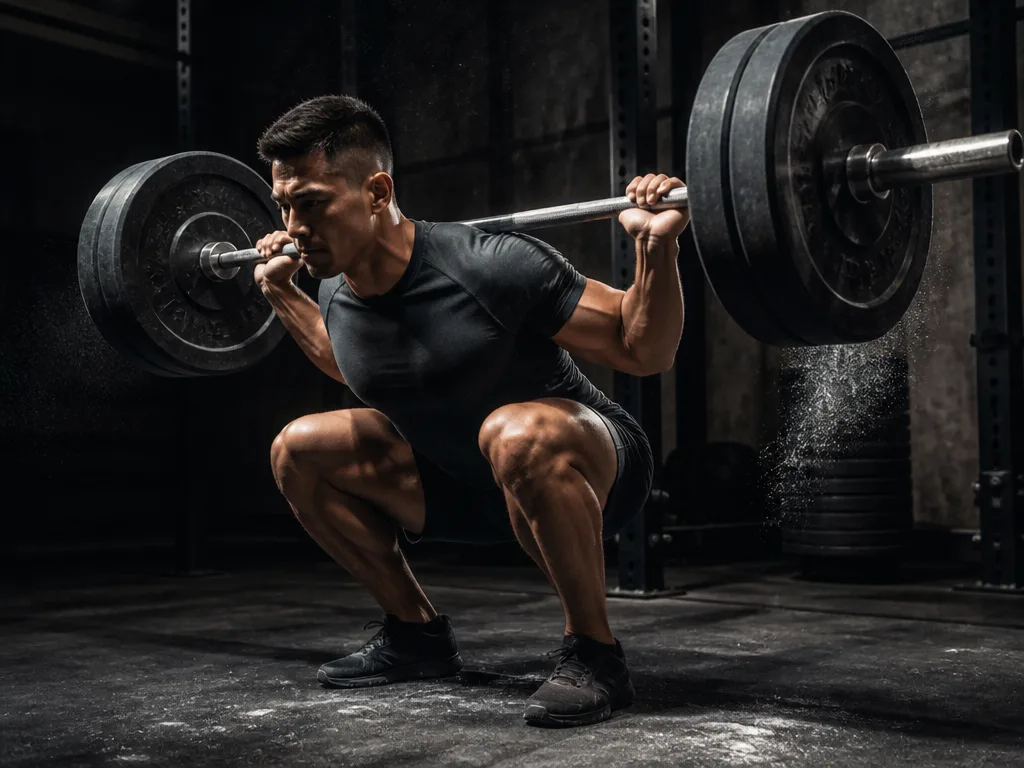 Idrottare utför djupa knäböj med skivstång i ett gym med dramatisk sidoljussättning