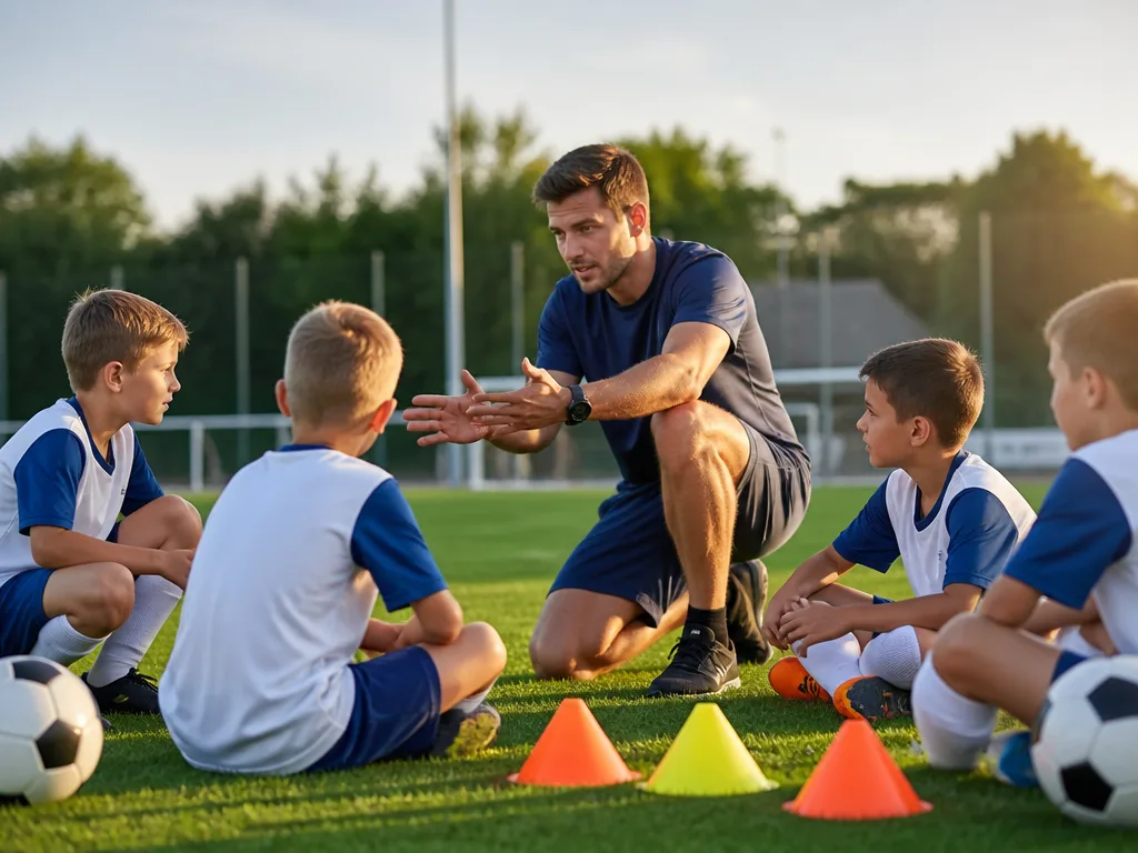 Ungdomsfotbollstränare instruerar spelare med koner på gräsplan
