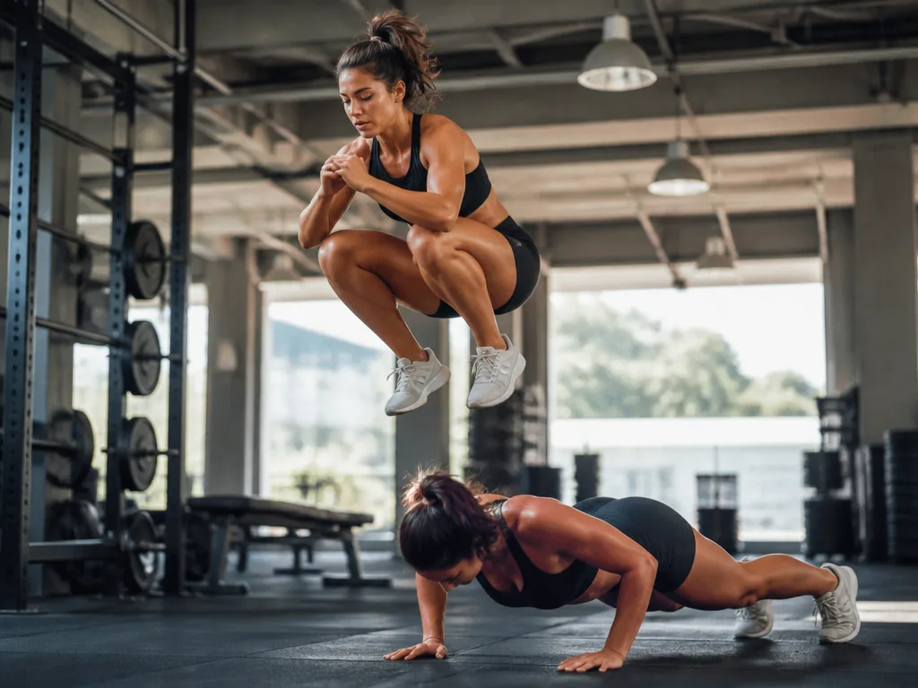 Idrottare utför burpees och hoppknäböj i modernt gym med naturligt dagsljus