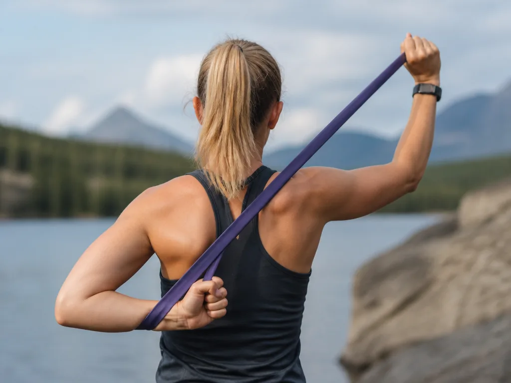 Person tränar axelrörlighet med gummiband utomhus i dagsljus för att lindra impingement