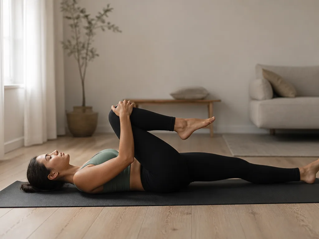 Person gör en skonsam stretchövning för nedre rygg och höft på en yogamatta hemma i mjukt naturligt ljus