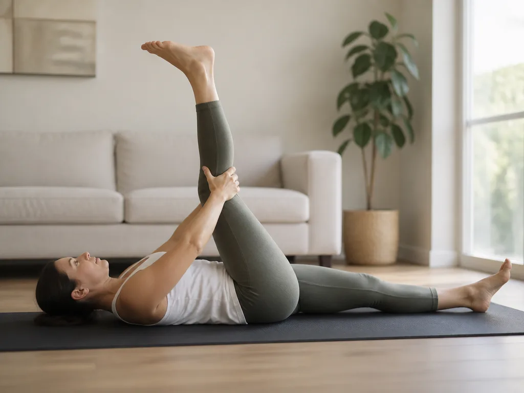 Person gör en skonsam liggande stretchövning för nedre rygg och ben på en yogamatta hemma i mjukt naturligt ljus