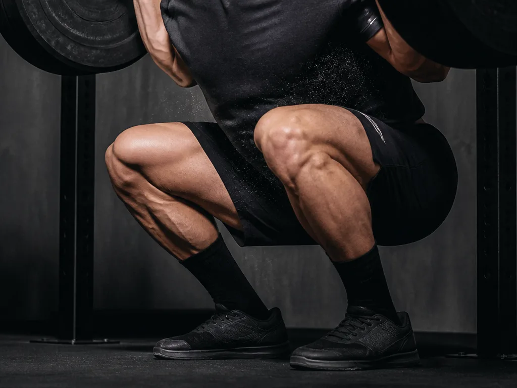 Atlet utför djupt knäböj med skivstång i minimalistiskt gym med dramatiskt sidoljus som framhäver muskelspänning i quadriceps och gluteus