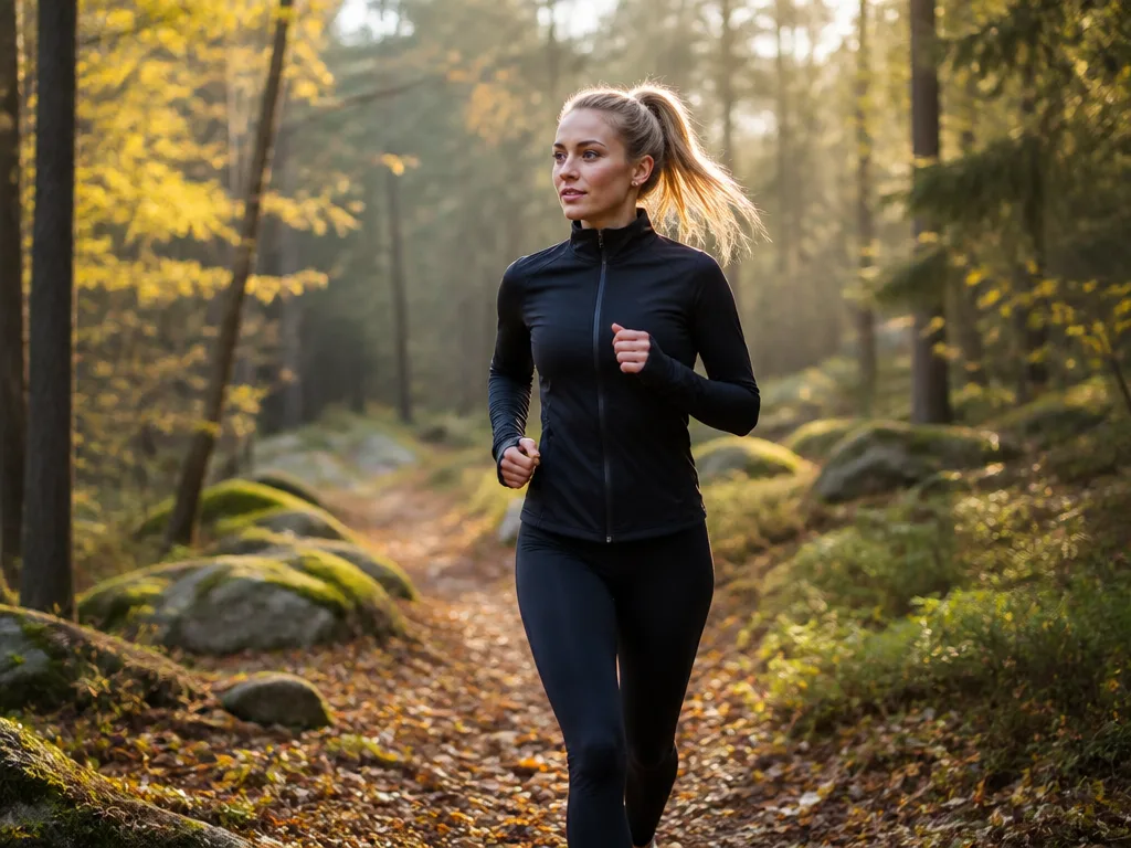 Nybörjarlöpare joggar på en skogsstig i Sverige på morgonen med naturligt ljus och höstlöv