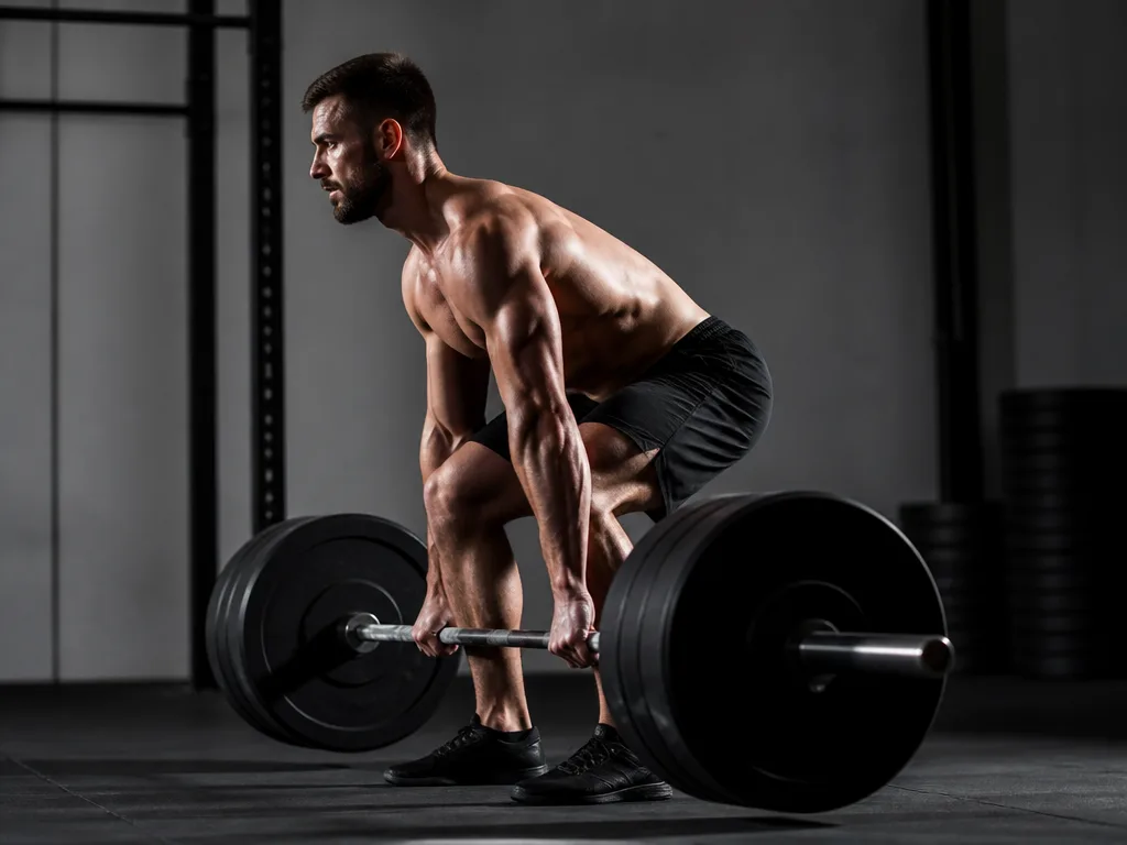 Idrottare utför marklyft med skivstång i minimalistiskt gym med dramatiskt sidoljus