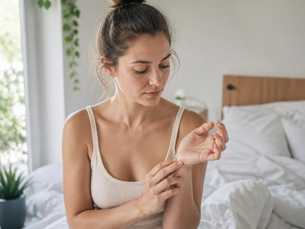 Kvinna tar sin puls med fingrarna mot handleden i ett ljust sovrum på morgonen