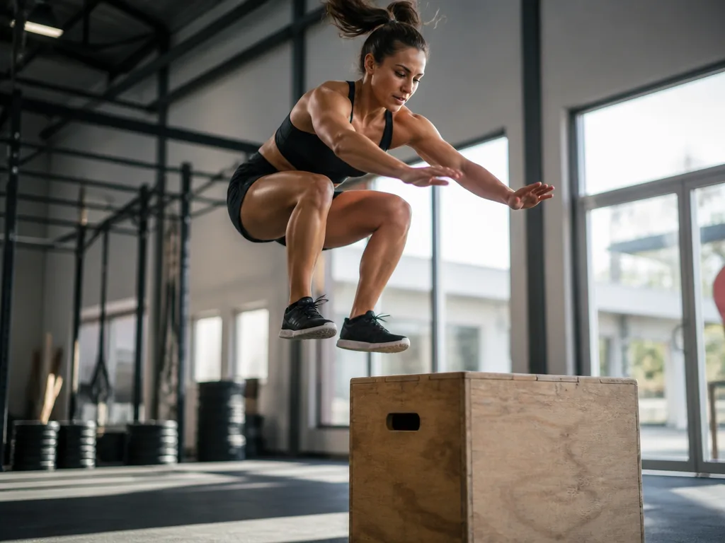 Idrottare utför ett explosivt box jump upp på en trälåda i ett ljust modernt gym med rörelseoskärpa i benen