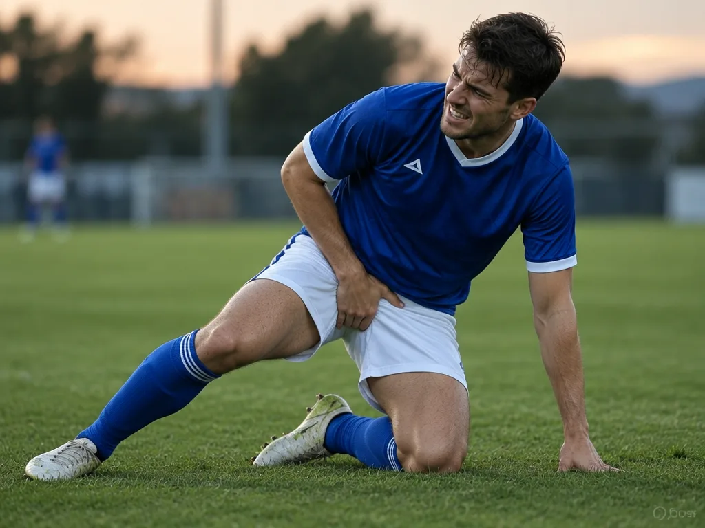 Fotbollsspelare på knä på gräsplanen håller sig om ljumsken efter en sträckning
