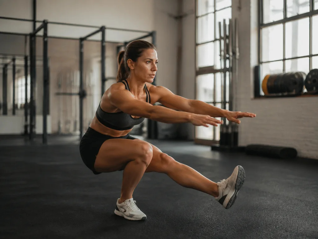 Löpare utför enbensknäböj i ett modernt gym som en del av styrketräningsprogrammet