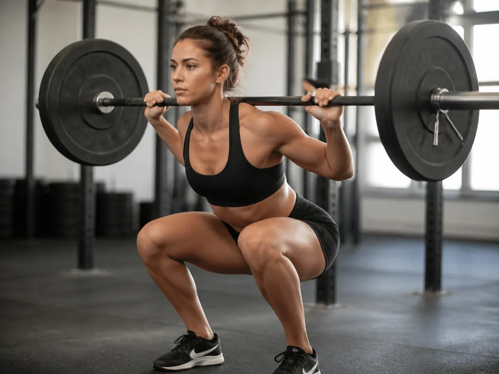 Atlet utför knäböj med skivstång i modernt gym med naturligt ljus och tydliga muskellinjer