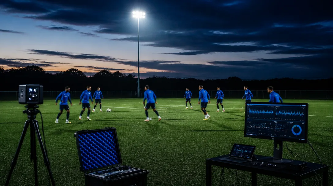 Fotbollsspelare som värmer upp på en plan i kvällsljus