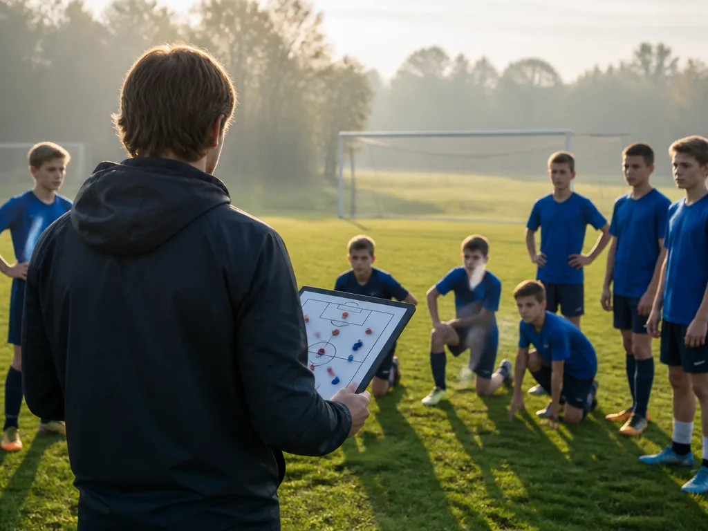 Ungdomstränare visar en spelövning med koner och bollar på en fotbollsplan